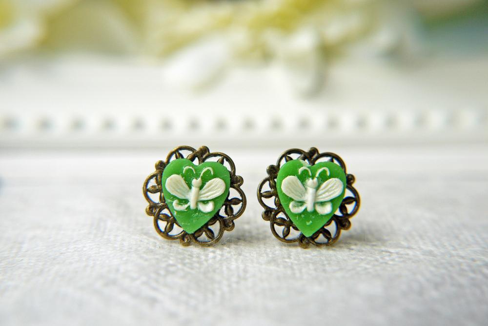 Vintage Green Heart Butterfly Filigree Earrings. Antique Brass