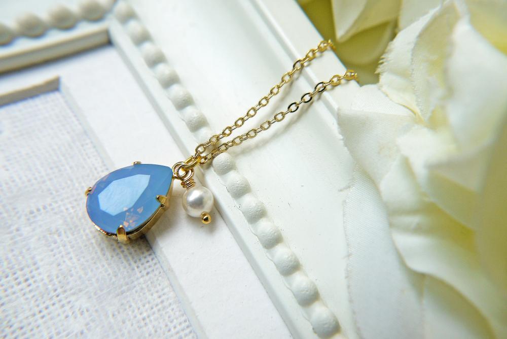 Swarovski Crystal Air Blue Opal Teardrop Pendant Necklace In Gold