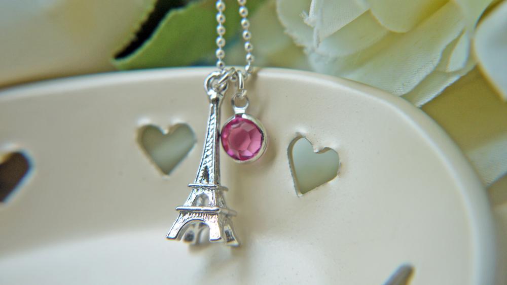 Eiffel Tower Necklace In Silver. Romantic Paris. Pink Swarovski Channel Charm. La Vie en Rose