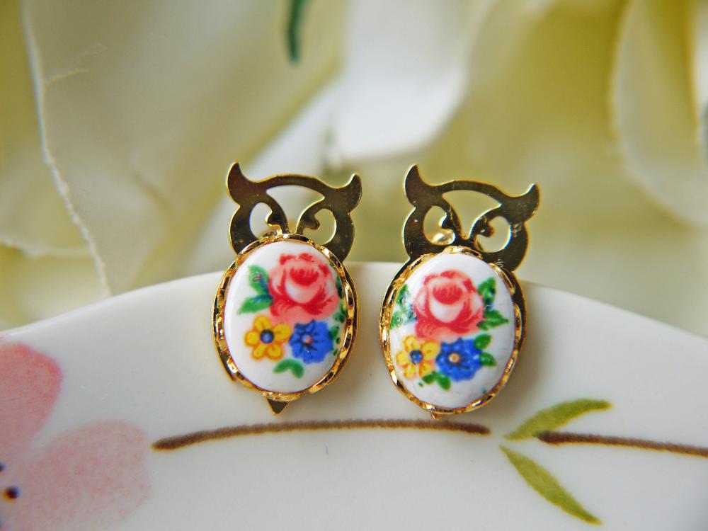 Fukuro Vintage Gold Owl Post Earrings. Spring Colorful Flowers. Lucky And Auspicious.