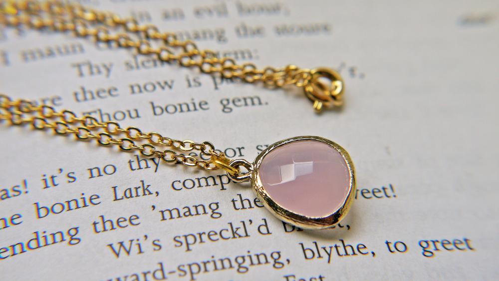 Sale. Pink Opal Glass Pendant Necklace In Matte Gold.