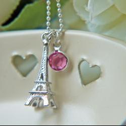 Eiffel Tower Necklace In Silver. Romantic Paris. Pink Swarovski Channel Charm. La Vie en Rose