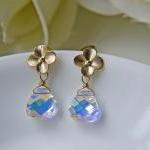 Sale. Matte Gold Petite Hydrangea And Swarovski Crystal Earrings. Aurora Borealis