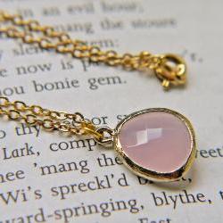 Sale. Pink Opal Glass Pendant Necklace In Matte Gold.